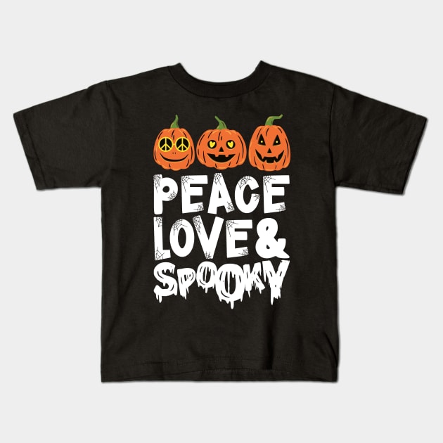 Groovy Peace Love & Spooky Halloween Pumpkins Jack O Lantern Kids T-Shirt by August Design